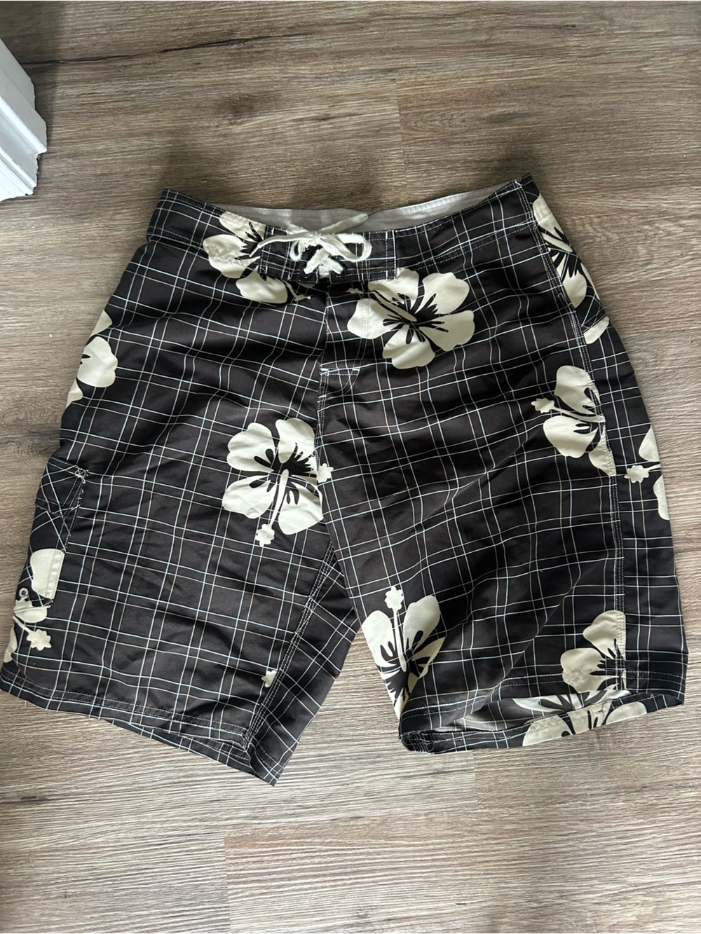 Men's Black Floral Swim Board Shorts with Cream Hibiscus Print